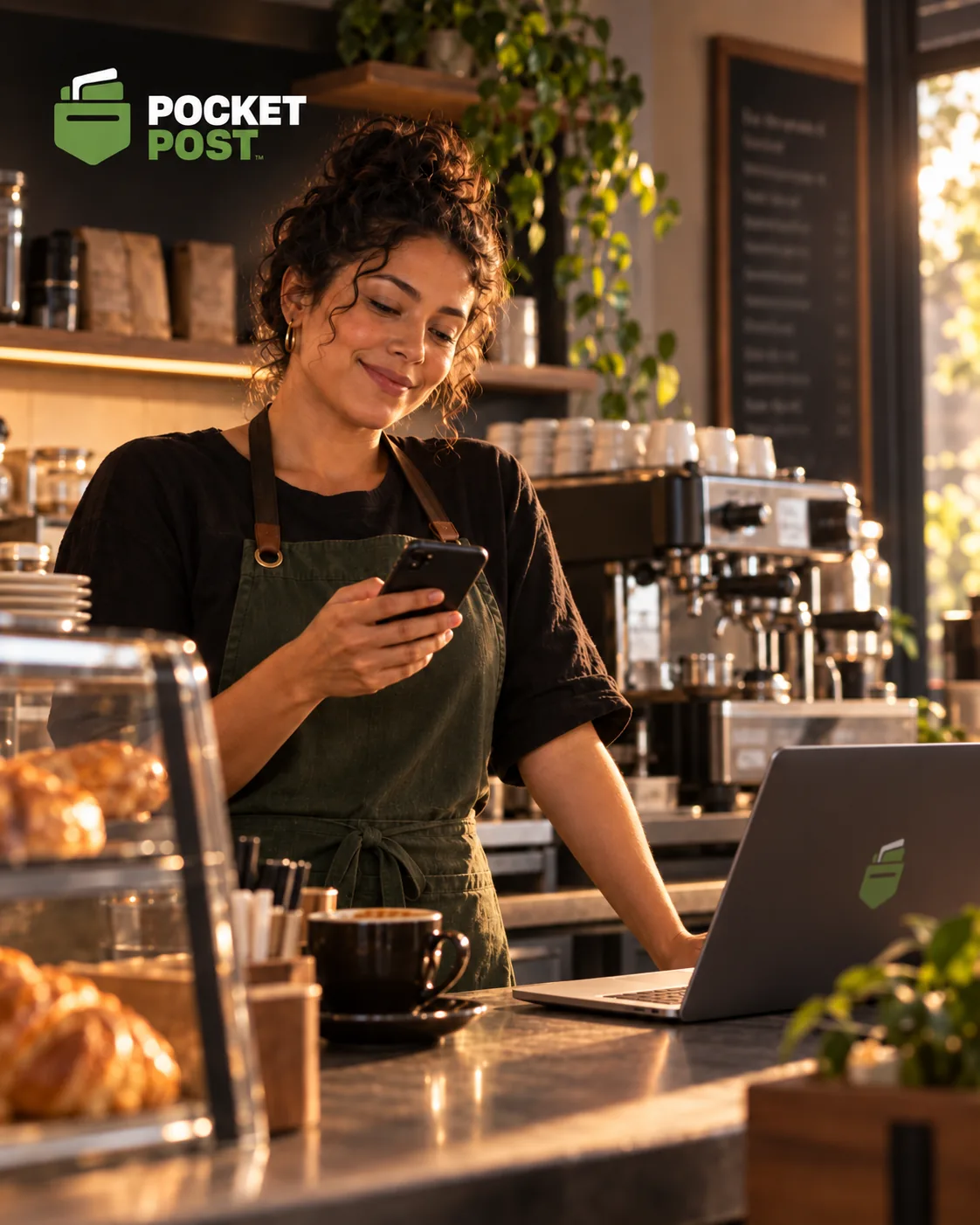 Dona de pequeno café usando o celular durante a rotina do negócio