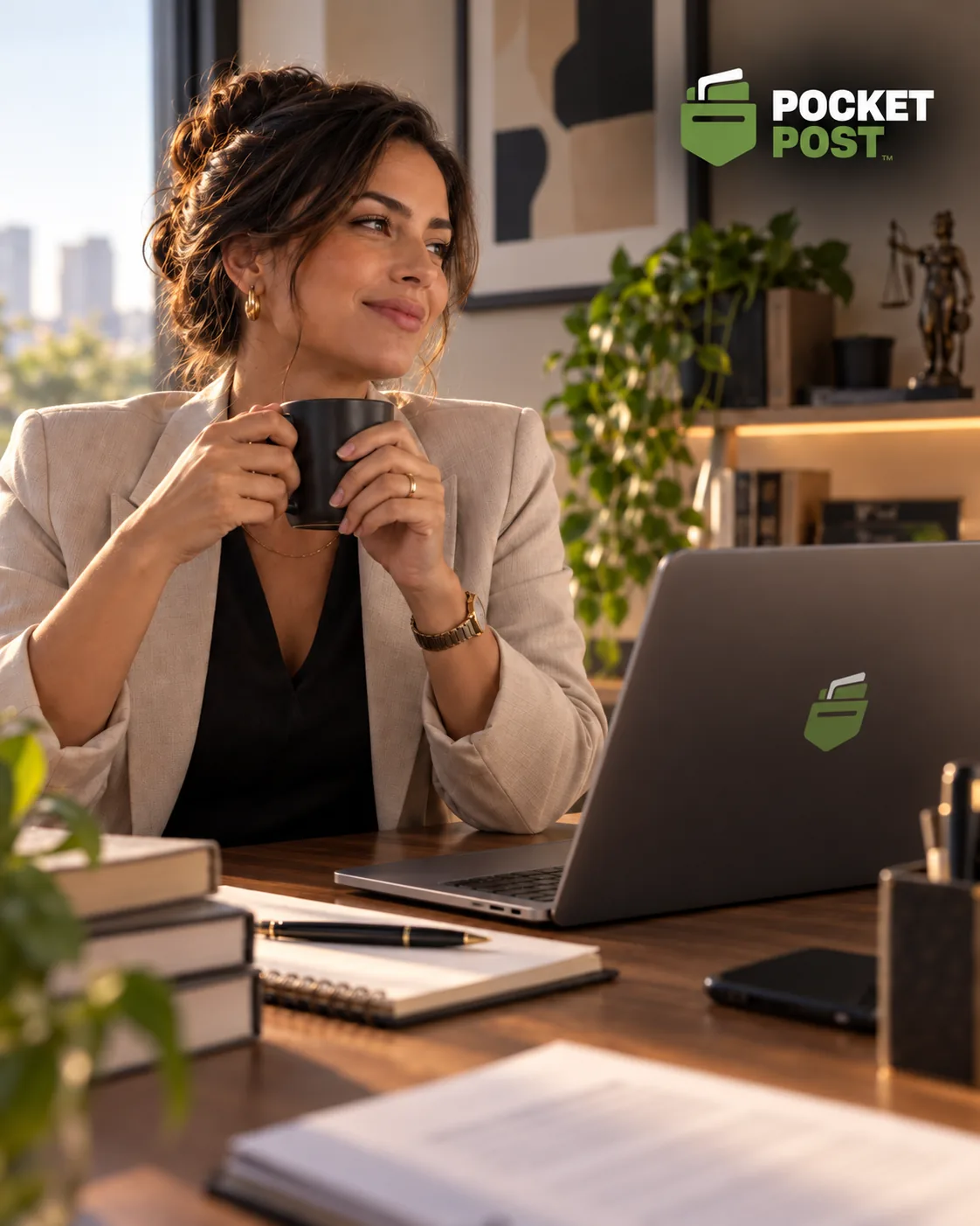 Profissional autônoma em seu espaço de trabalho, com notebook em posição natural